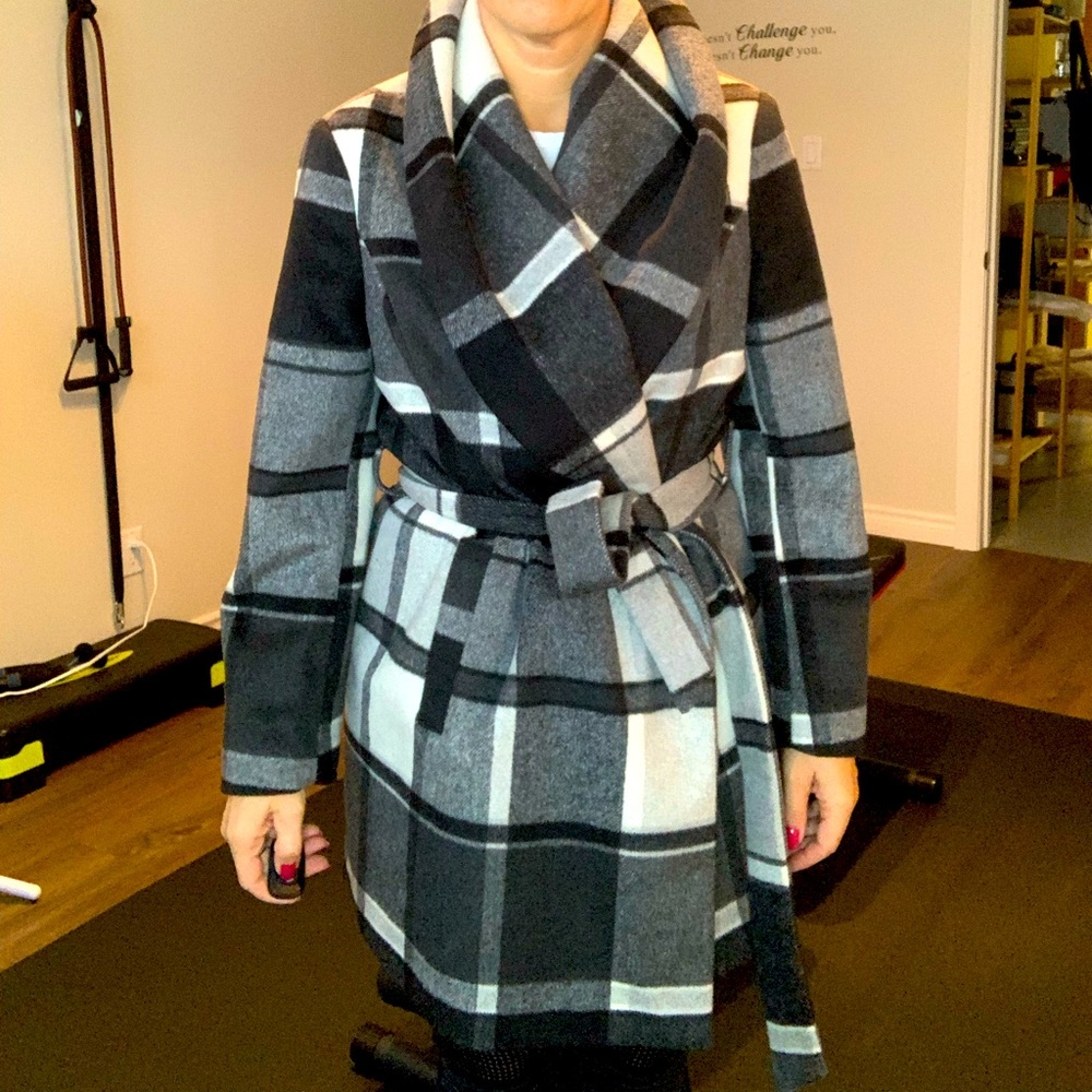 Grey Plaid Wool Wrap Coat